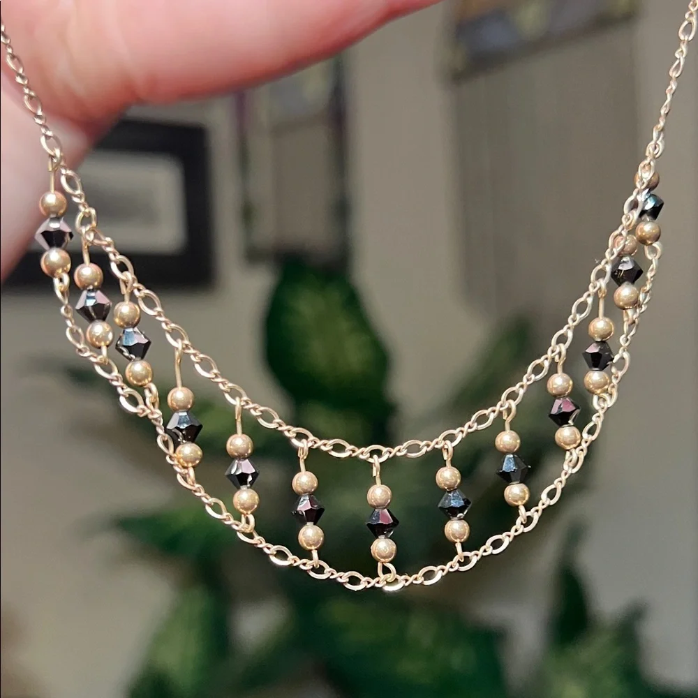 Vintage Antique Gothic Gold Filled Black Crystal Beaded Drop Bib Collar Necklace